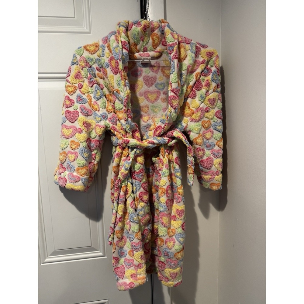 Vintage Aegean Apparel Fuzzy Hearts Women's Short Robe Colorful Sz L Soft Cozy